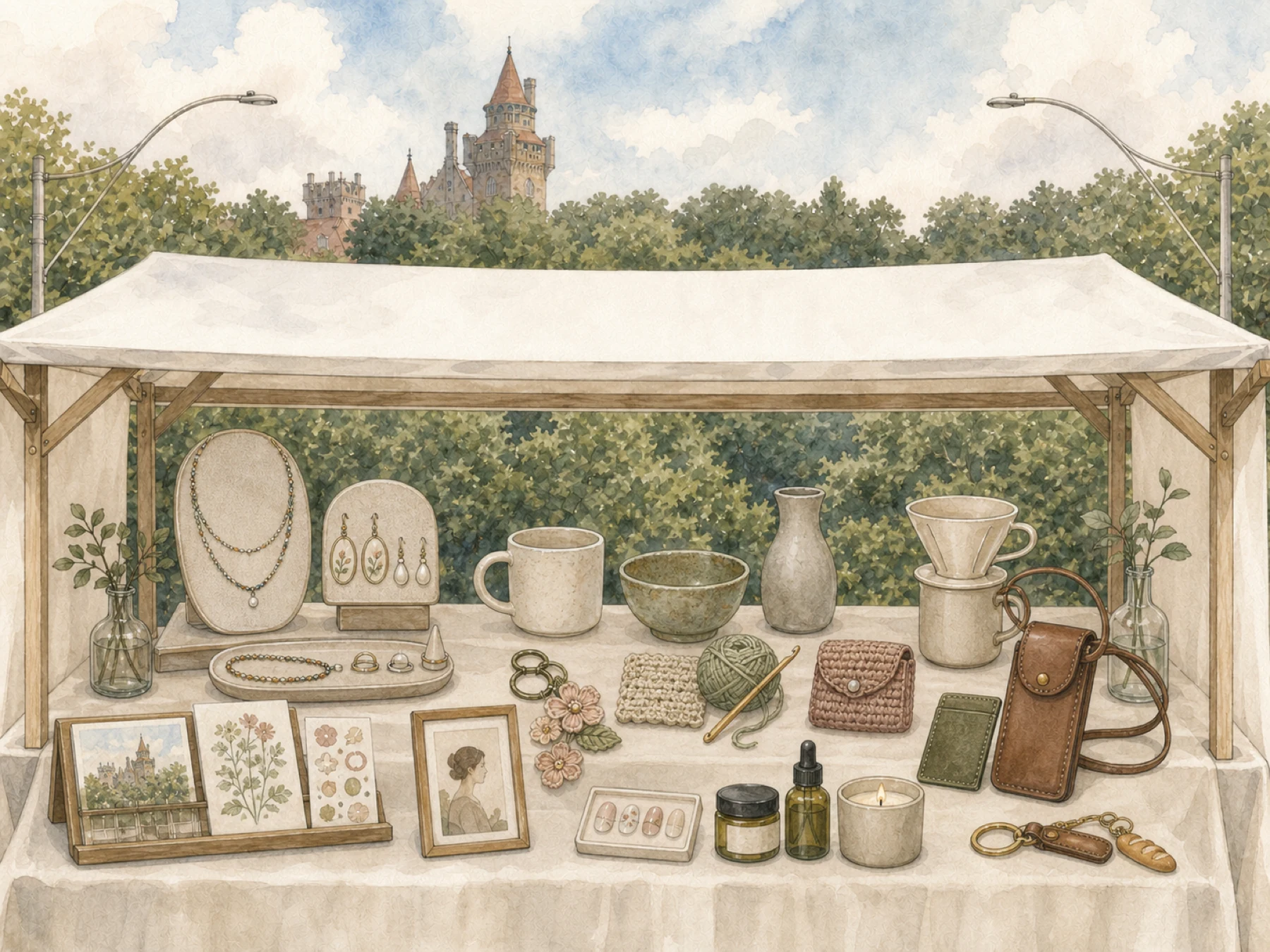 Watercolour illustration of a Gleam Makers Collective booth displaying handmade goods below Casa Loma