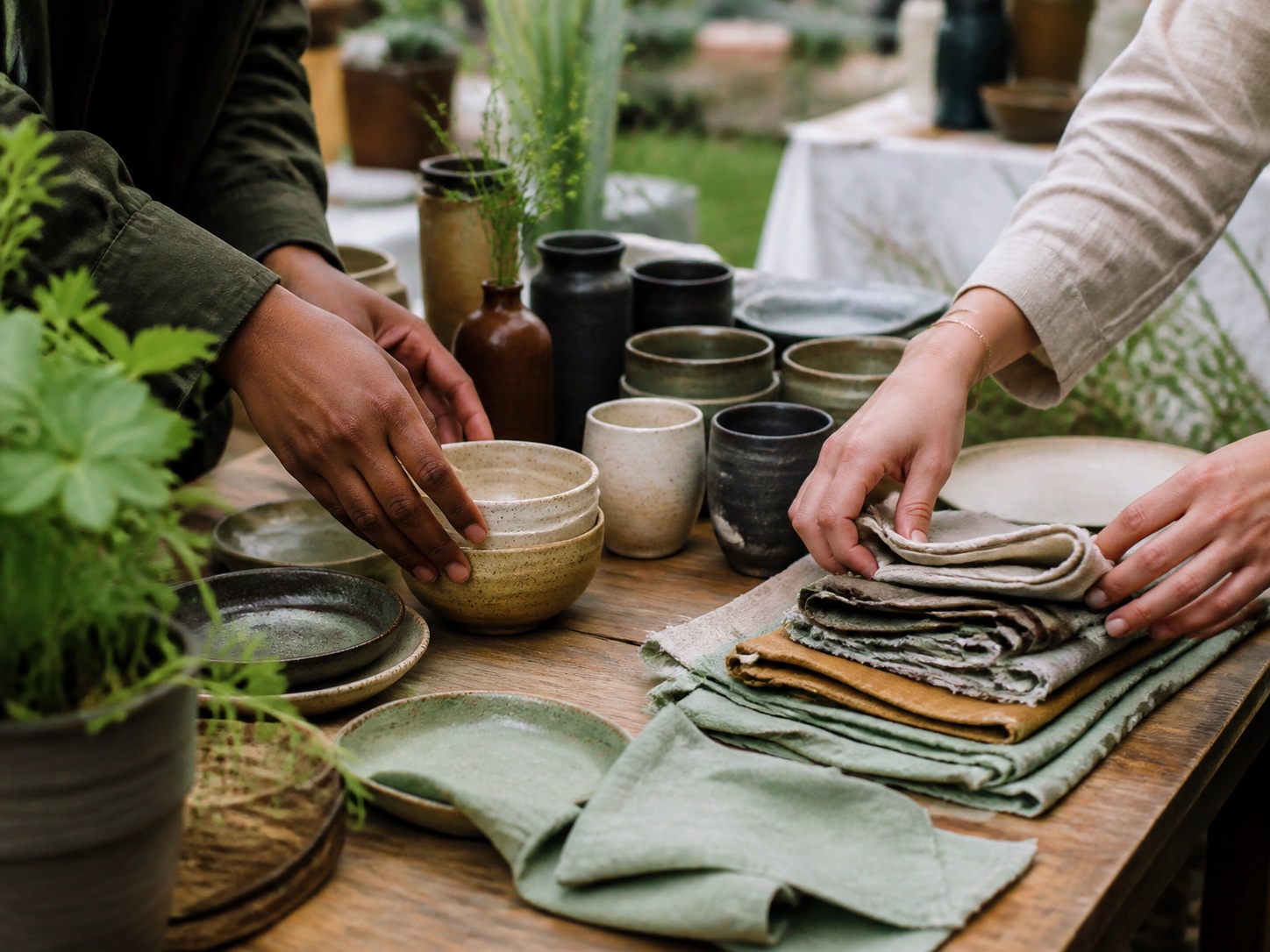 AI-generated placeholder showing makers arranging ceramics and textiles
